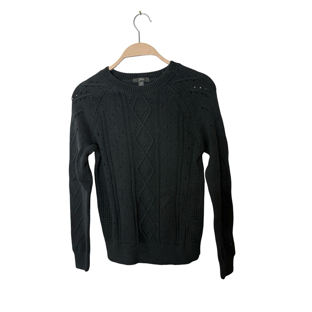 J.Crew Black Crewneck Cable Pointelle Cotton Winter‎ Warm Sweater Size XXS